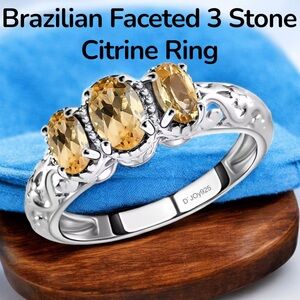Brazilian Faceted 3 Stone Citrine Ring Size 7 NWOT
